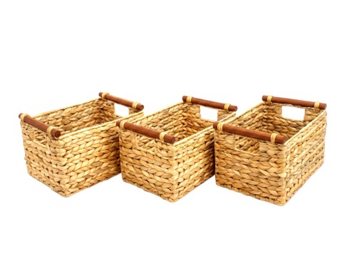 Custom-made Herringbone Water Hyacinth Basket Set of 3 with Wooden Handles